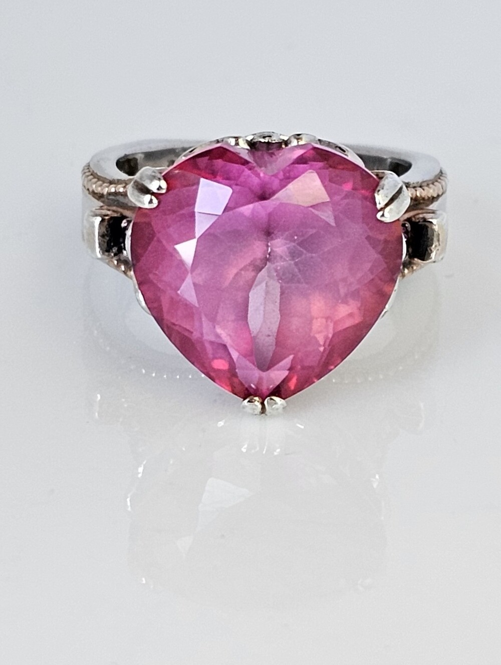 Genuine Pink Topaz & Garnet Heart Shaped Ring Palladium Sterling Silver 18K Sz 6